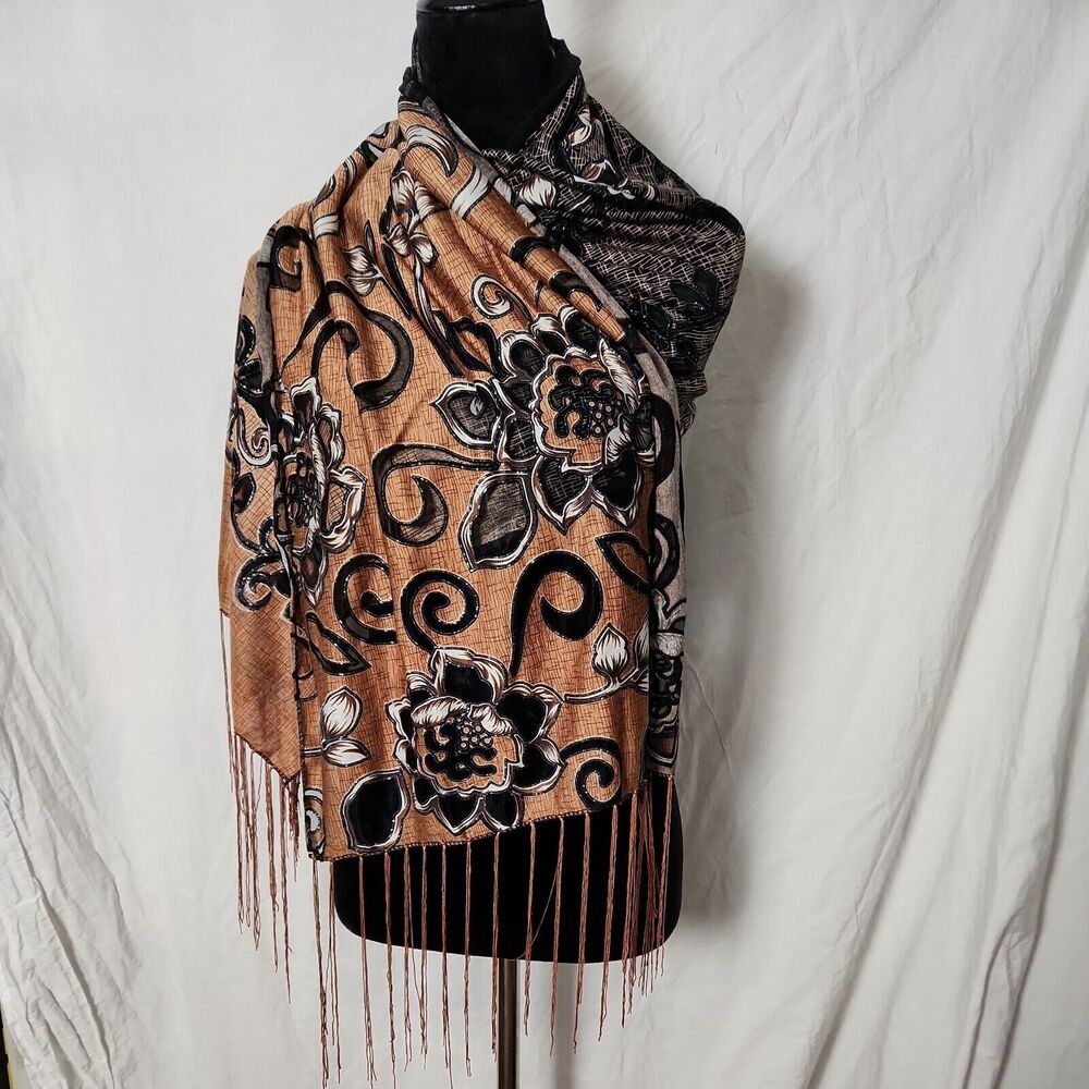 Scarf Wrap Floral Hollow Out Black Brown Fringed 64 x 17 Metallic Silver